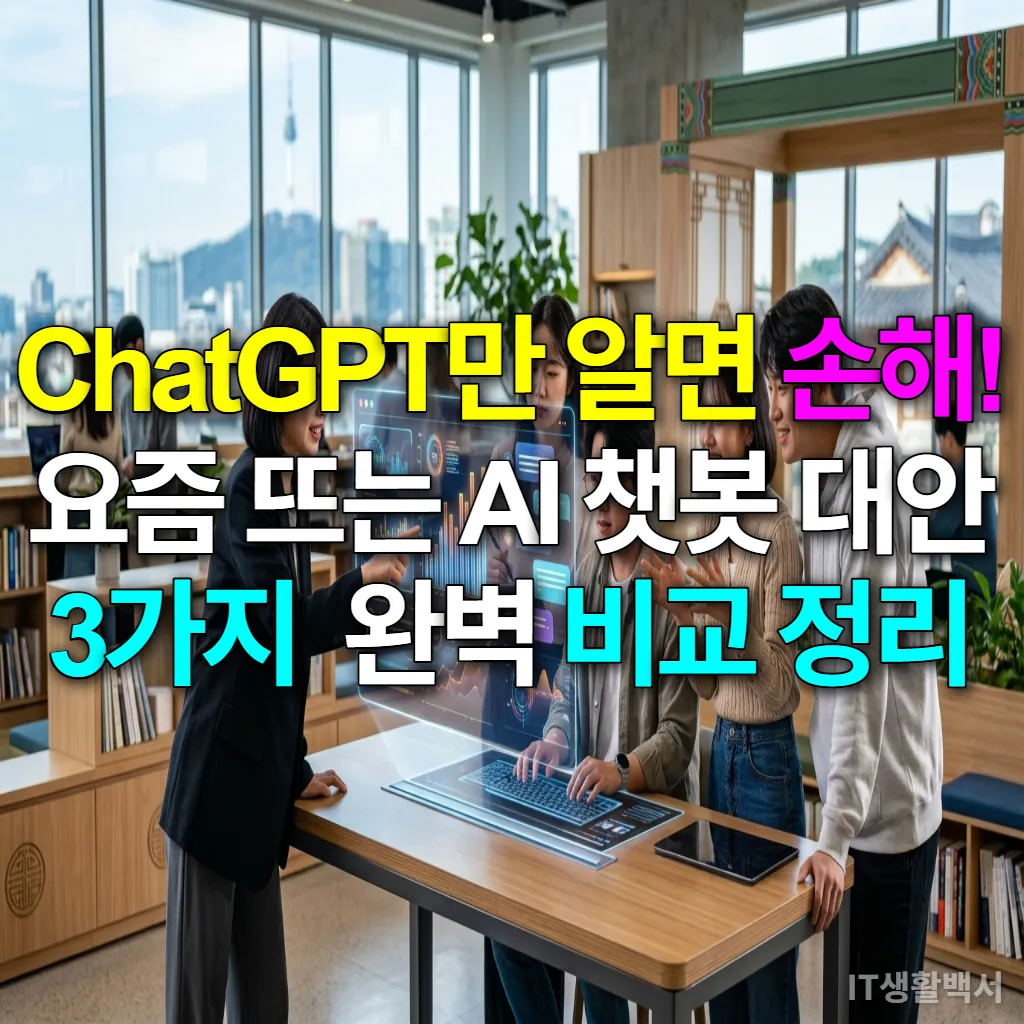 서울의 현대적인 코워킹 스페이스에서 한국인 젊은 전문가들이 홀로그램 스크린을 통해 다양한 AI 챗봇과 상호작용하며 협업하는 모습