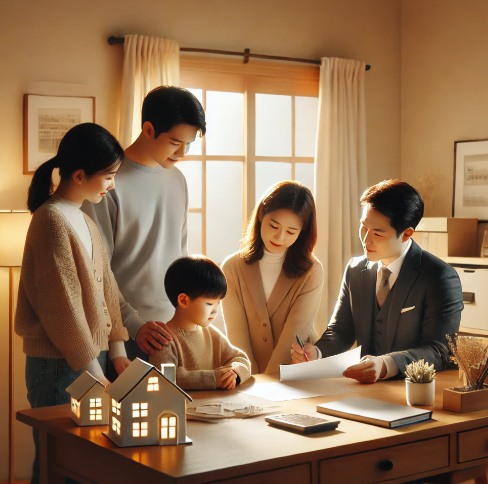 전세를 계약하러 부동산에 방문한 4인 가족이 등기부등본 확인 하는 모습