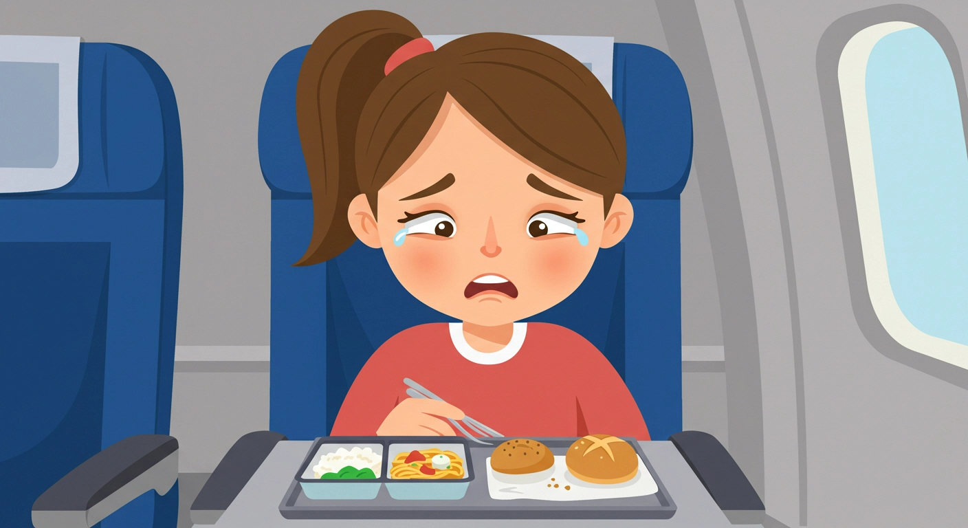 기내식이 맛이 없어서 실망한 어린이의 모습