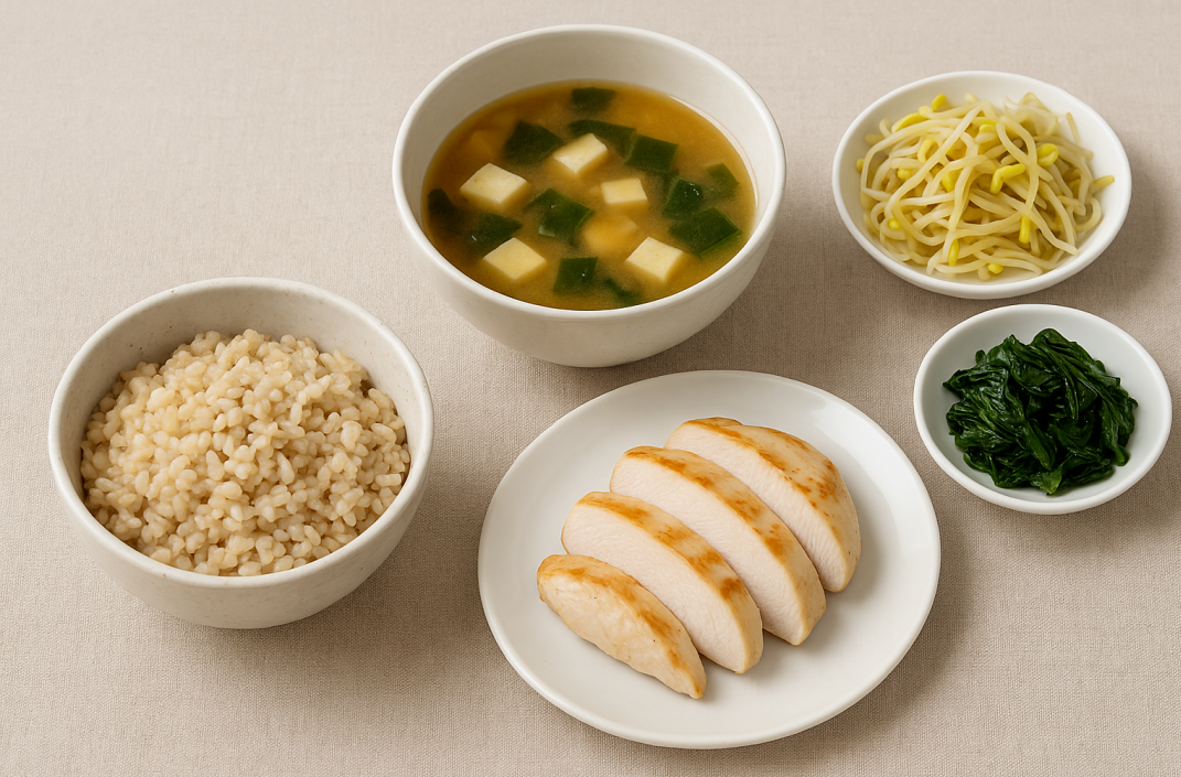 현미밥, 닭가슴살, 된장국, 나물 반찬으로 구성된 소화 잘되는 여름철 건강 식단