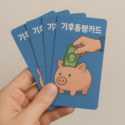 '기후동행카드' 홍보 이미지. 손이 여러 장의 파란색 **'기후동행카드'**를 들고 있으며, 맨 앞 카드에는 손이 돼지 저금통에 돈을 넣는 일러스트가 그려져 있습니다.