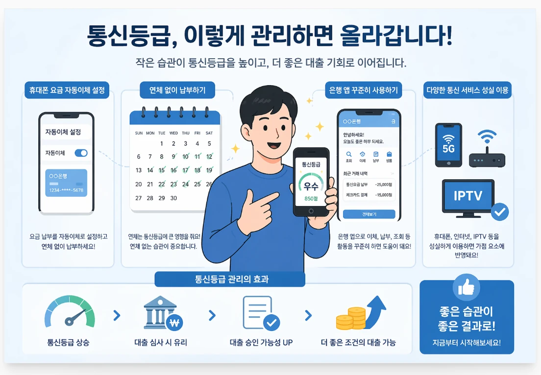 휴대폰 요금 자동이체, 연체 없는 달력, 은행 앱 사용 등 통신등급 관리 노력으로 얻을 수 있는 혜택 이미지