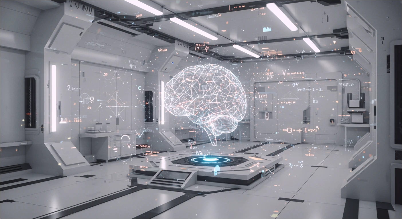 디지털 실험실 안에서 진화 중인 AI의 뇌와 주변에 떠 있는 알고리즘 구조체들