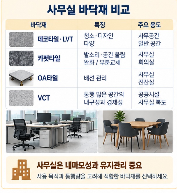 사무실 바닥재로 데코타일, 카펫타일, OA타일을 내구성, 소음, 유지관리 기준으로 비교한 이미지