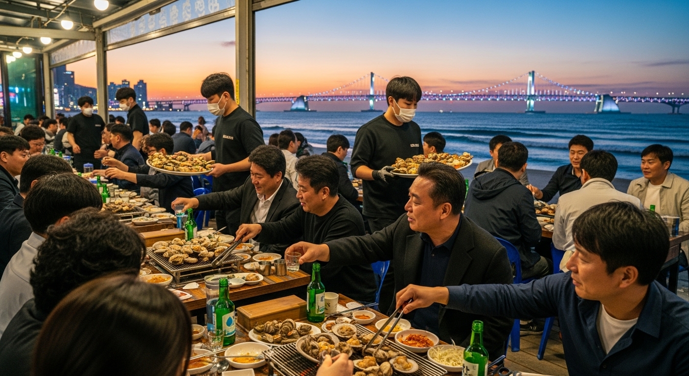 광안리 해변가에 위치한 활기찬 조개구이 식당에서 사람들이 신선한 해산물과 술을 즐기는 모습. 즐거운 미식 경험을 보여주는 장면.
