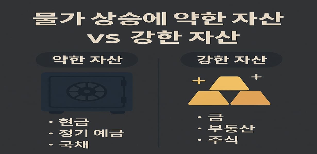 물가 상승기에 약한 자산과 강한 자산을 비교한 인포그래픽 이미지