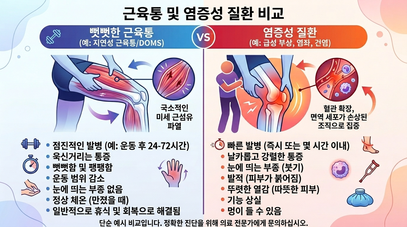 근육통과 염증 차이를 비교한 인포그래픽
