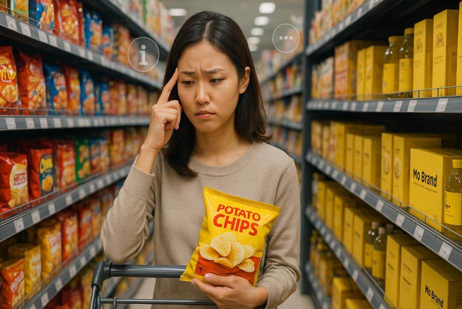 대형마트에서 소비자가 브랜드 선택에 고민하는 장면