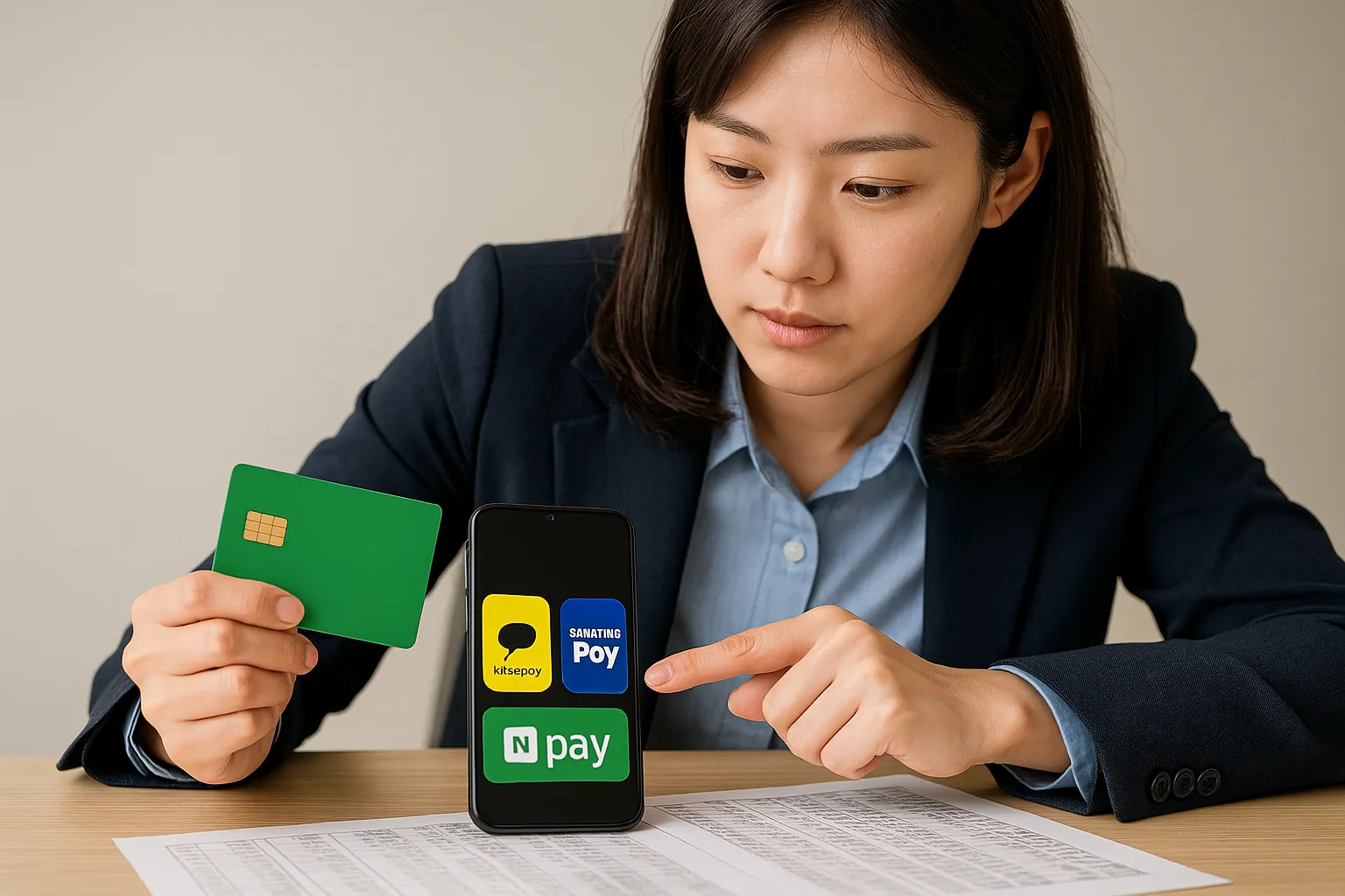 네이버페이&middot;카카오페이&middot;삼성페이를 비교하며 체크카드와 실적&middot;혜택 누수 구간을 점검하는 한국인 여성 직장인의 실제 확인 장면입니다.