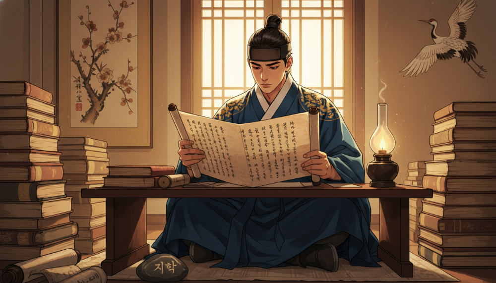 책상에 앉아 학문에 정진하는 청년의 모습을 통해 지학(15세)과 이립(30세)의 의미를 표현