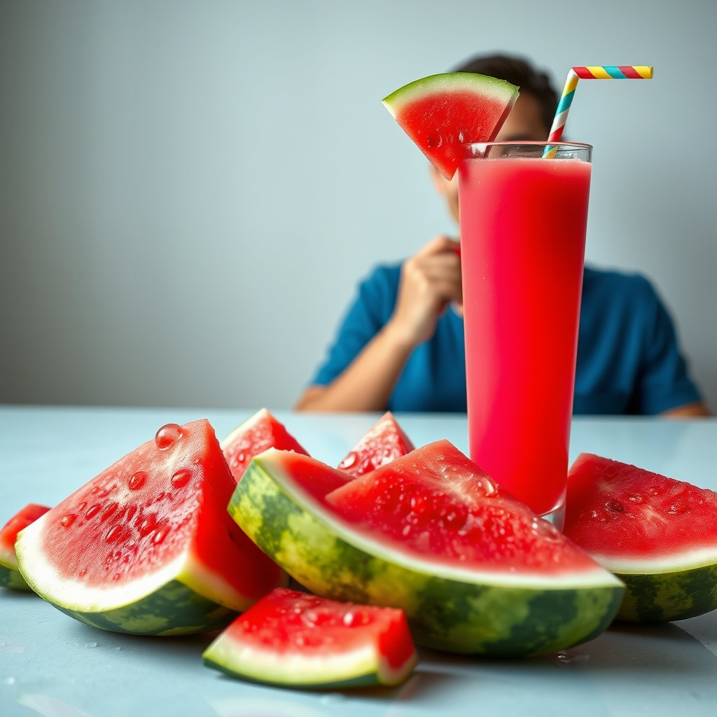 시원하게 잘라진 수박 조각들이나 수박 주스, 수박을 먹고 갈증이 해소되어 편안해 보이는 사람의 표정을 담아냅니다. 푸른색과 붉은색의 대비를 활용하여 시원하고 청량한 느낌을 부각합니다.