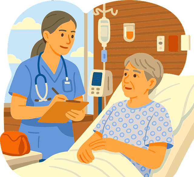 노인 환자가 침대에 누워 수액을 맞고있고, 파란 간호사복을 입은 여자간호사가 서서 차트를 들고있다.