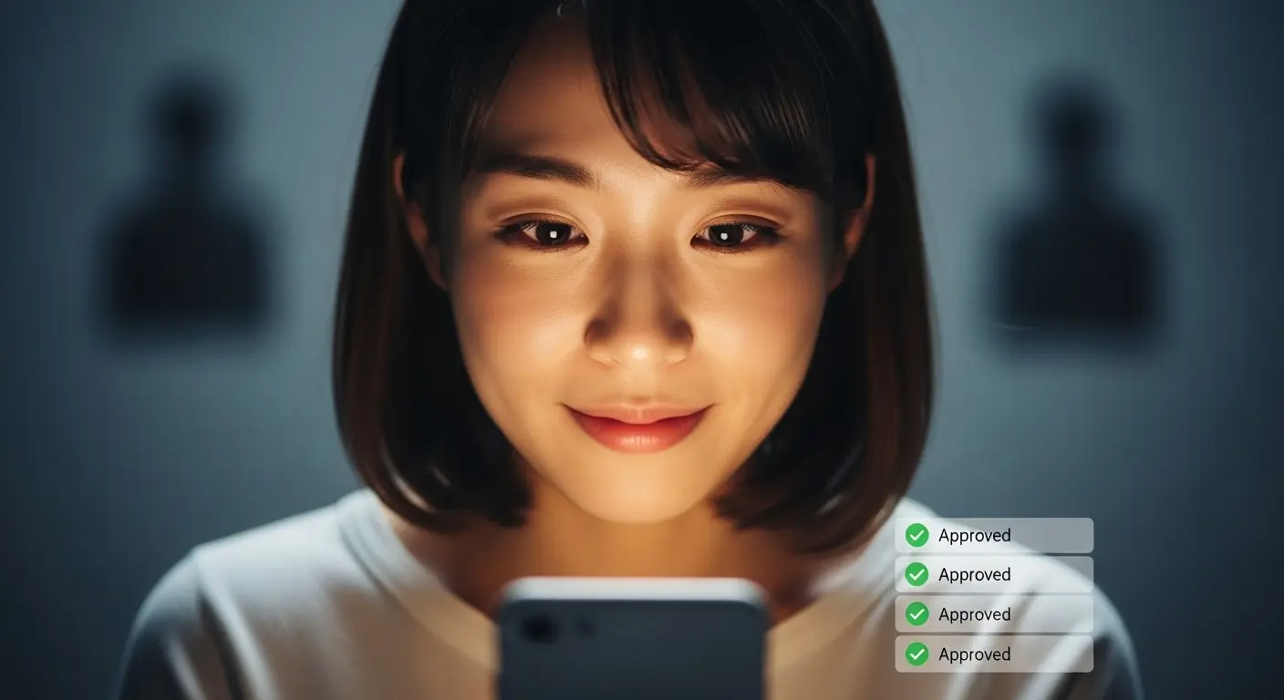 계속된 대출 거절 문자에 지쳐 있다가 스마트폰으로 대출잘되는 대부 TOP 5 리스트를 발견하고 희망을 찾는 모습