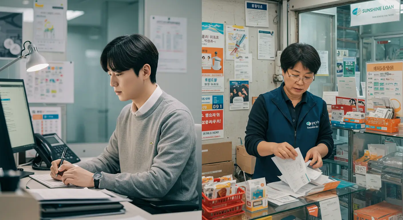 햇살론 자격조건에 해당하는 한국인 근로자와 자영업자의 모습을 나란히 보여주는 이미지