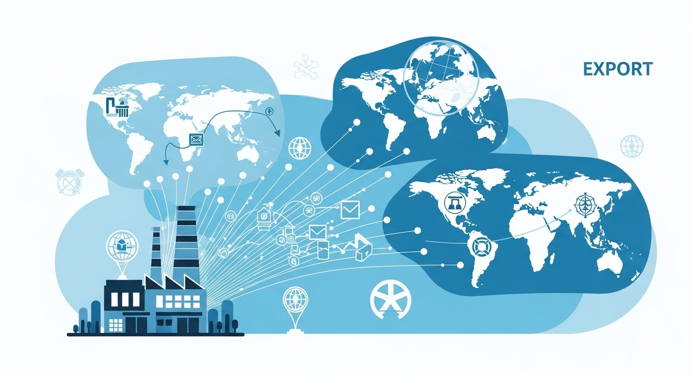 중소기업이 세계 지도를 배경으로 해외 시장으로 사업을 확장하는 모습을 시각적으로 표현한 이미지.