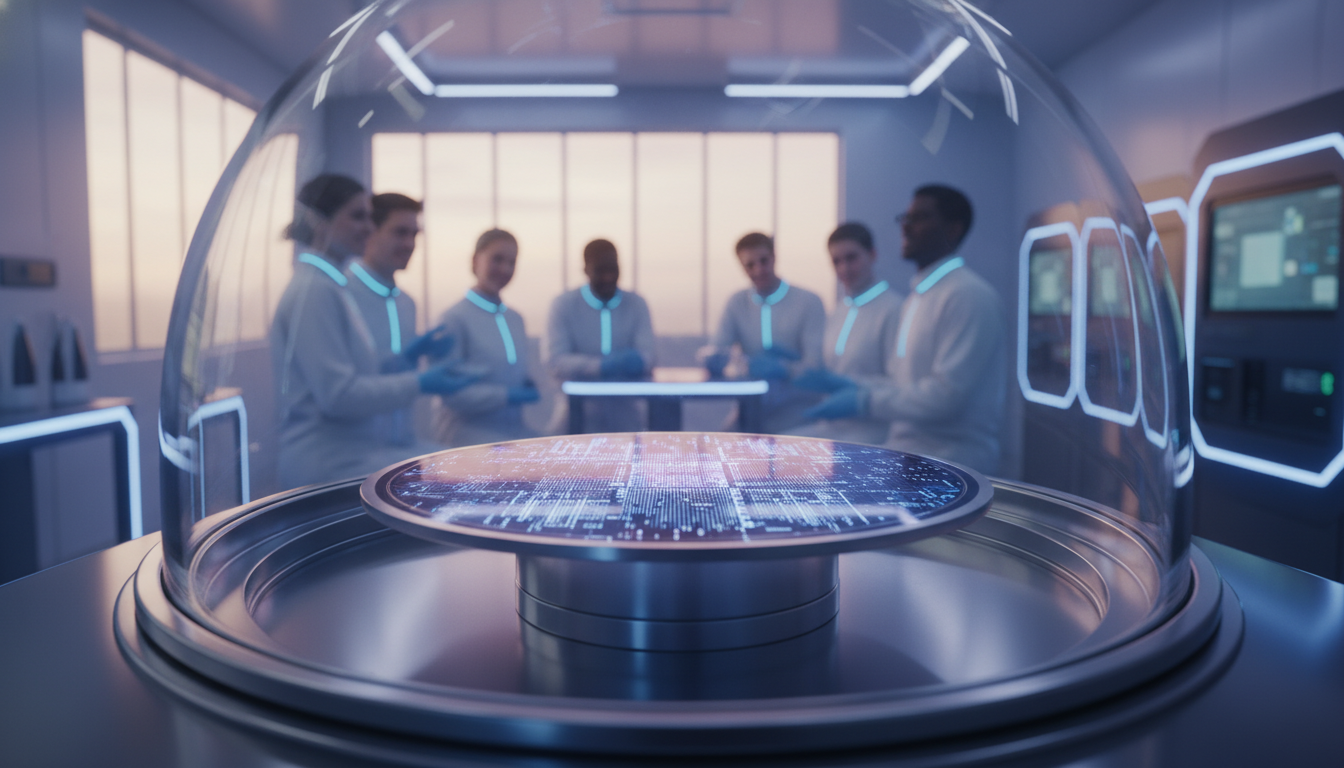 첨단 클린룸 연구실 내부에 놓여 은은하게 빛나는 실리콘 반도체 웨이퍼의 매크로 사진, 미래지향적인 파란색과 보라색 조명, 얕은 피사계 심도.