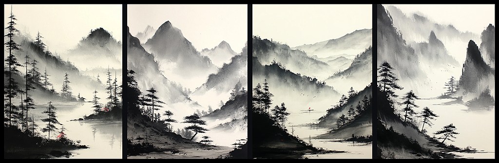 한지 질감 위에 먹의 짙고 옅은 번짐이 자연스럽게 표현된 수묵화형 산수화 이미지_Midjourney