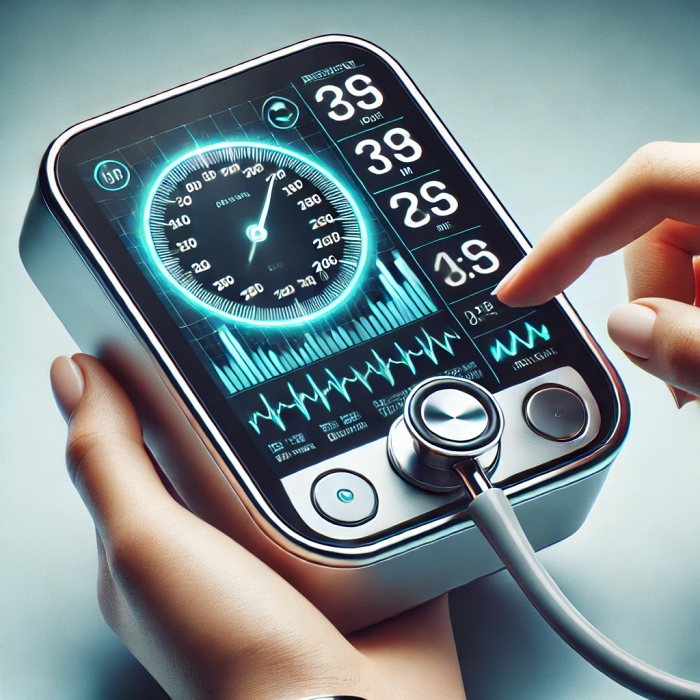 정확한 측정을 강조한 디지털 혈압계를 사용하는 모습의 사진