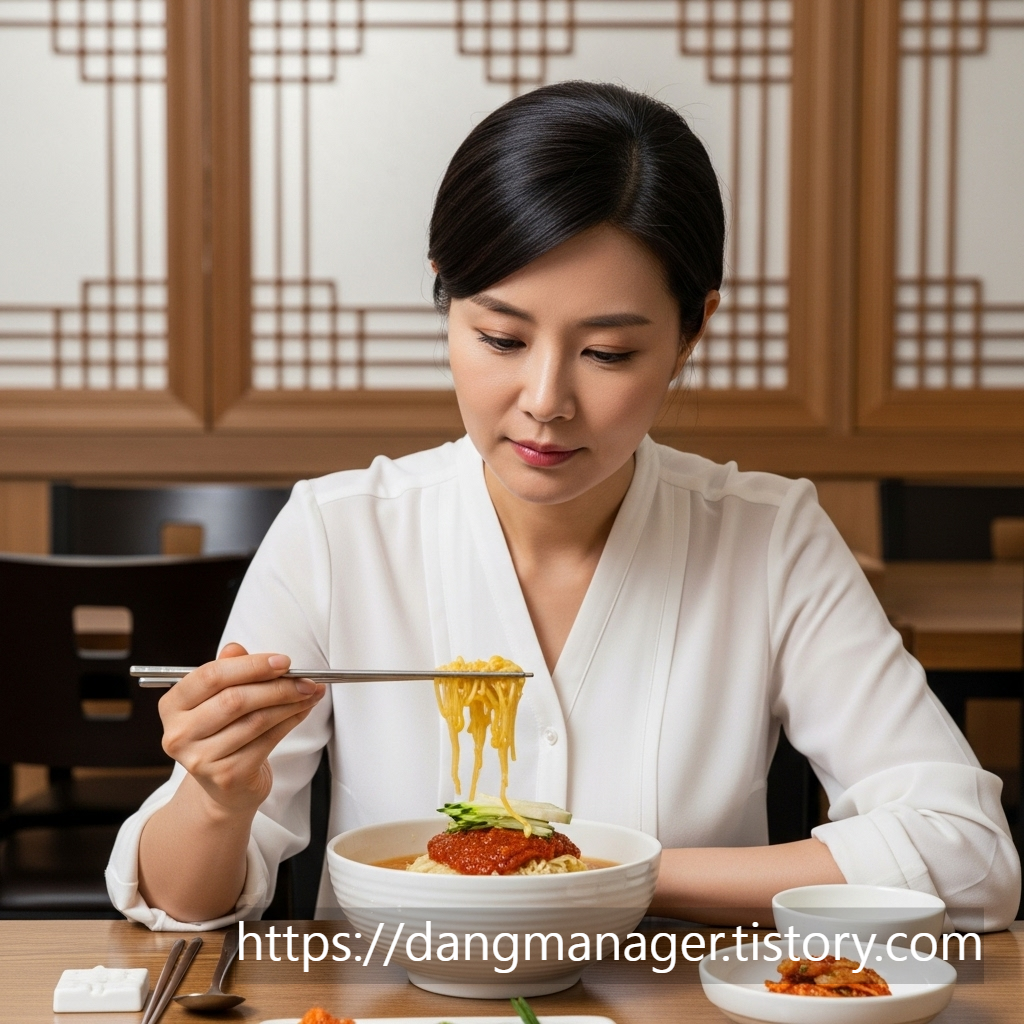 먹음직스러운 콩국수 한 그릇을 앞에 두고, 먹을지 말지 고민하는 한 40대 한국인 여성의 모습