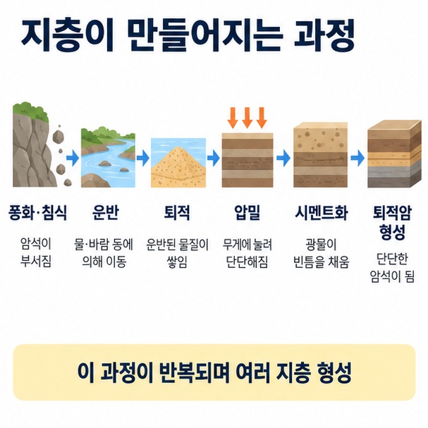 풍화와 침식 운반 퇴적 압밀 시멘트화 과정을 거쳐 지층과 퇴적암이 만들어지는 순서를 설명한 이미지
