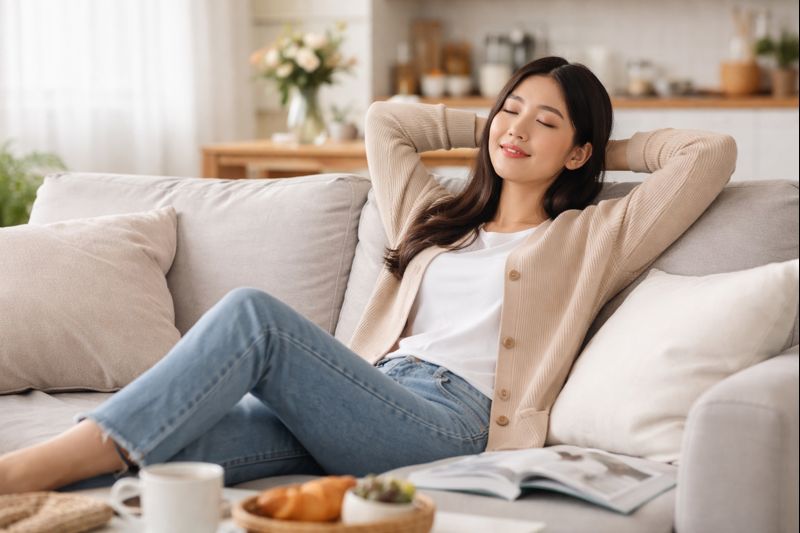 집안일을 하고 쉬고 있는 가정주부