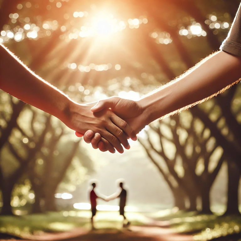 두 사람이 서로 손을 내밀며 화해하는 순간을 묘사한 장면. 배경은 부드러운 햇살이 비추는 공원, 평화로운 분위기