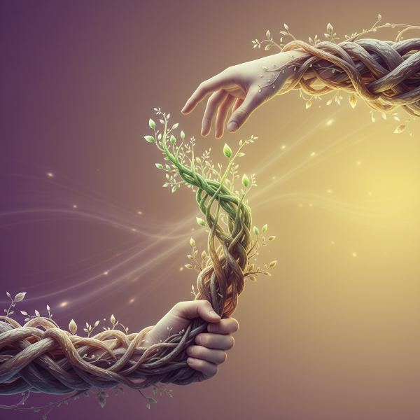 갈등 후 서로에게 손을 내밀어 관계를 회복하고 성장시키는 두 손. 보라색과 노란색 그라데이션 배경이 희망찬 분위기를 더합니다.