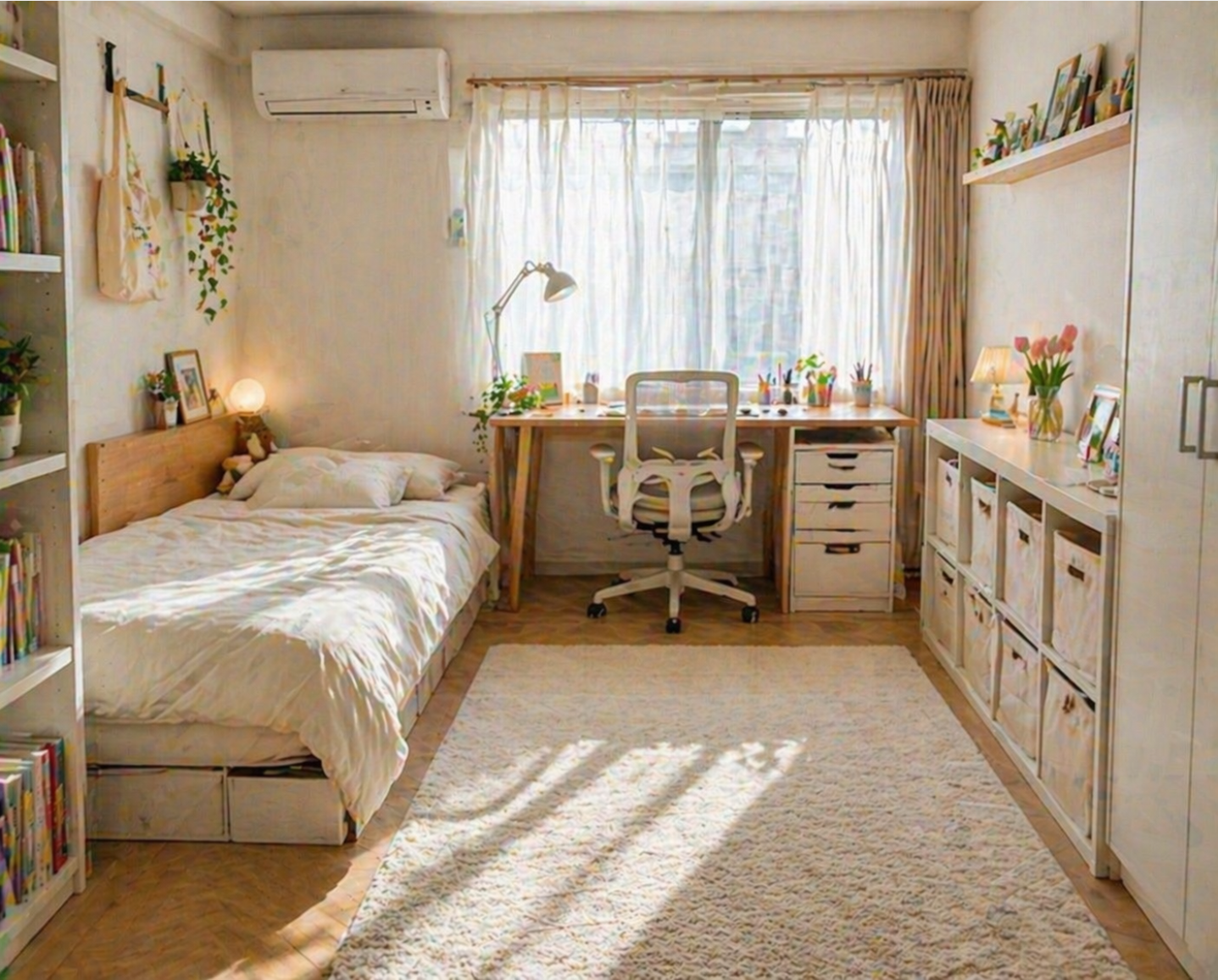 자취방에서 책상 위치를 창가 쪽으로 바꿔 더 넓고 밝아 보이게 만든 원룸 모습