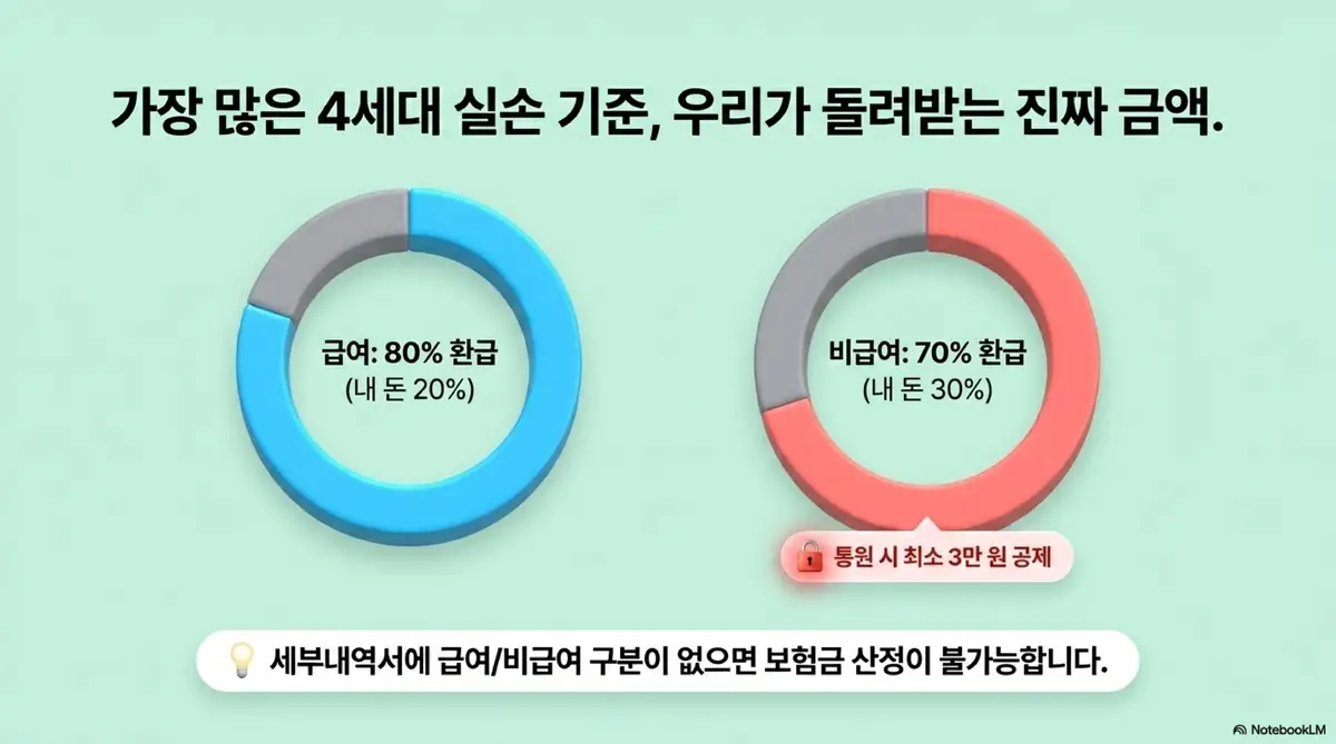 실손보험 청구서류: 4세대 실손보험 기준 급여 80% 환급과 비급여 70% 환급 비율을 도넛 차트로 비교하고 통원 시 최소 3만 원 공제를 안내하는 인포그래픽 이미지. 이 이미지는 세대별 자기부담금 비율과 실제 환급 금액을 시각적으로 전달하며&amp;#44; 블로그의 실손보험 세대별 보장 비교와 관련된 내용을 설명함