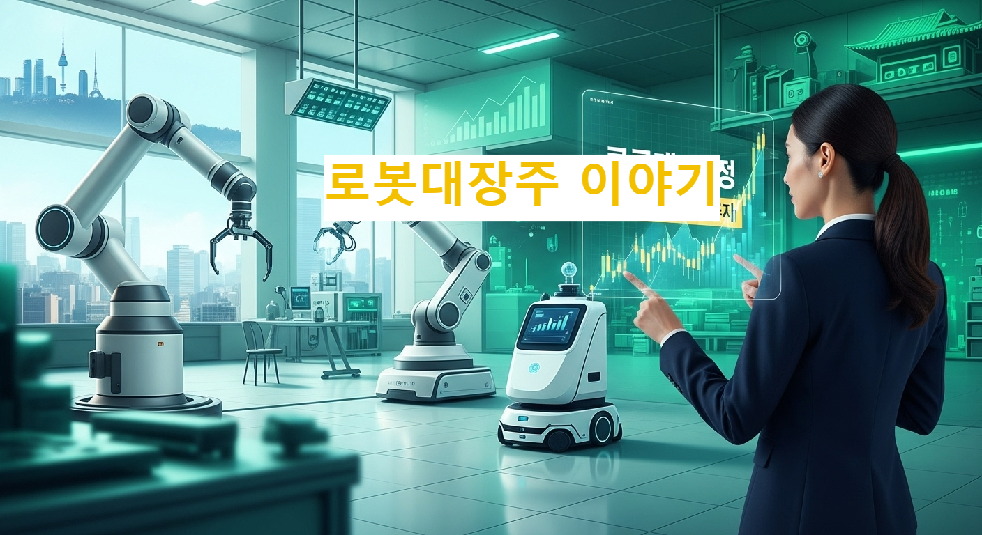 한국 로봇 산업 투자 기회를 상징하는 이미지. 주식 차트와 로봇이 함께 있는 미래 지향적인 모습.