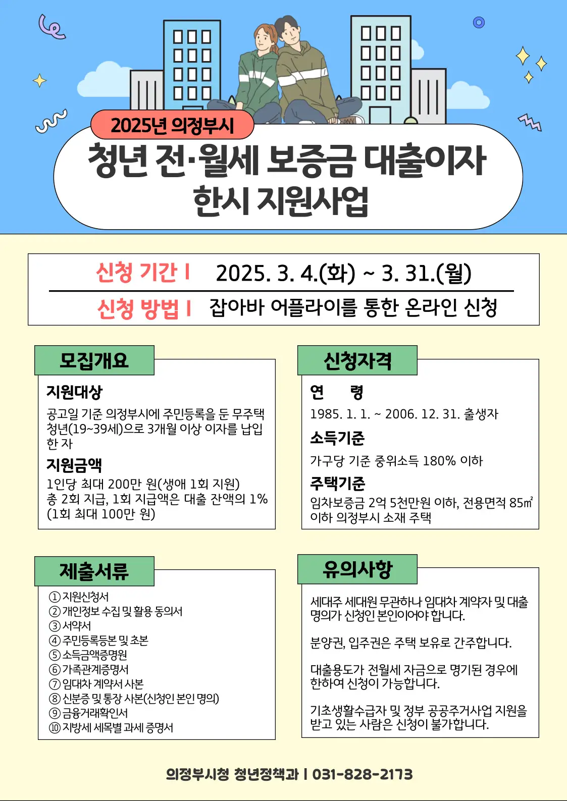 2025년 의정부시 청년 전세, 월세 보증금 대출 이자 한시 지원 신청 방법, 조건, 기간, 필요 서류