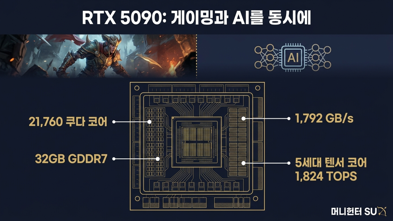 RTX 5090 ๋ธ๋์ฐ ์ํคํ
์ฒ ํต์ฌ ์คํ, 21760 CUDA์ฝ์ด 32GB GDDR7 1792 GB/s 1824 TOPS ์ธํฌ๊ทธ๋ํฝ