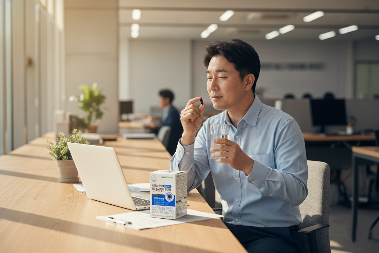 사무실에서 간편하게 섭취하는 뉴트리가든 루테인 파워, 목 넘김이 편한 소형 캡슐