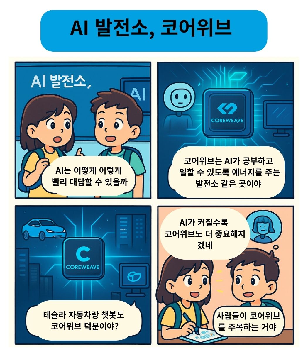 초등학생이 AI가 똑똑해지기 위해 에너지가 필요하다는 걸 배우고, 코어위브가 AI의 발전소 역할을 하며 자율주행과 챗봇, 의료 연구까지 지원한다는 것을 이해하는 4컷 경제 교육 만화