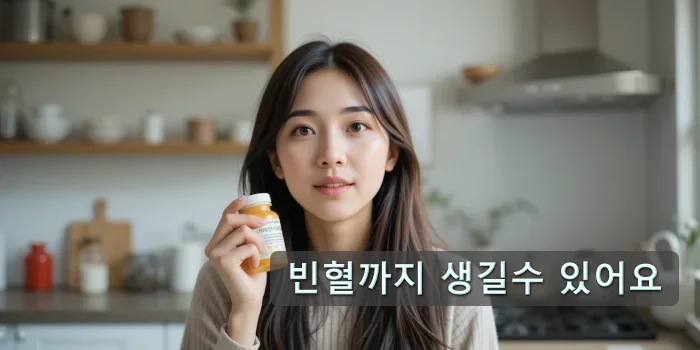 주방에서 비타민b12 영양제를 먹고 있는 여성의 모습
