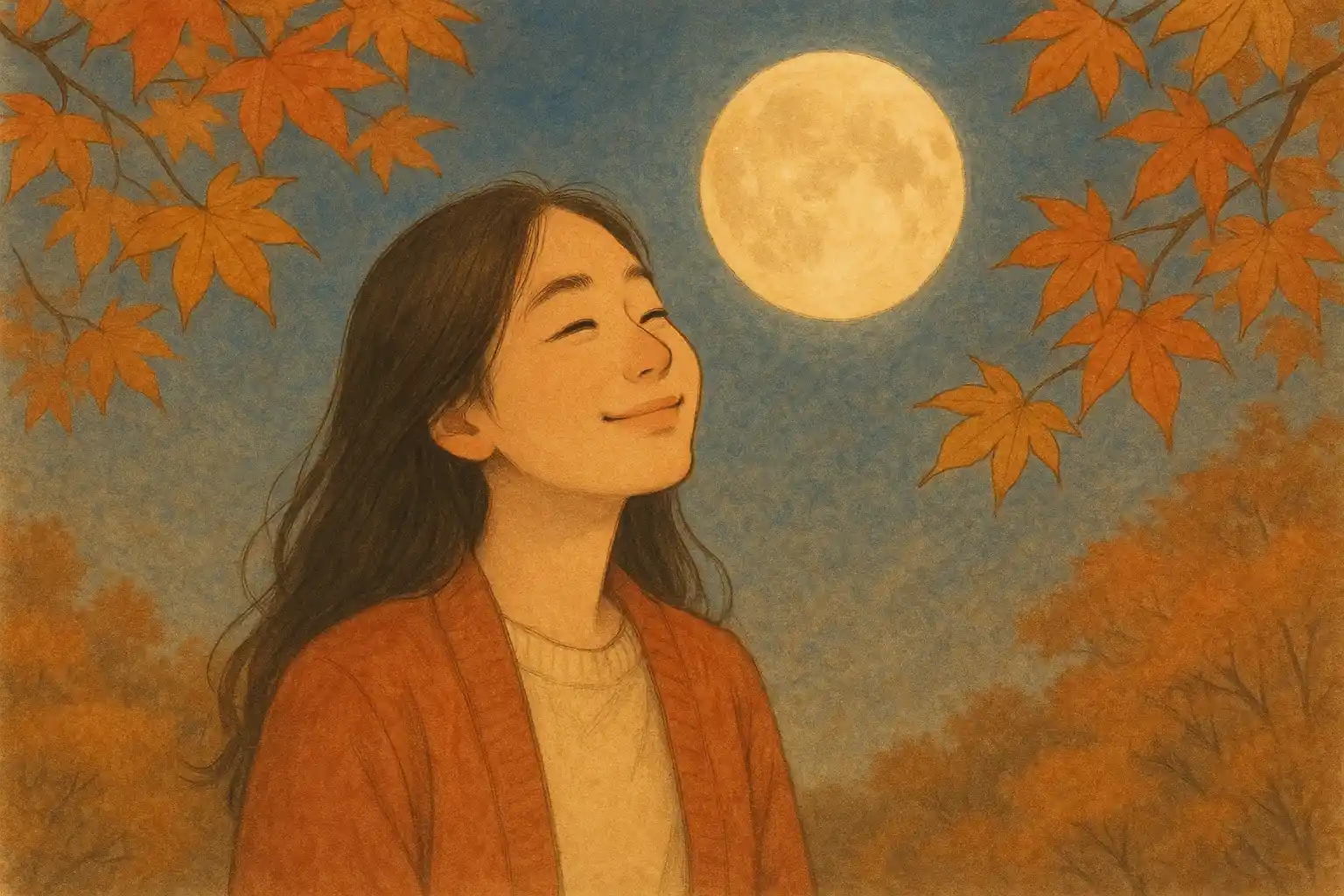 가을의 달빛 아래, 미소 지으며 하늘을 바라보는 인물