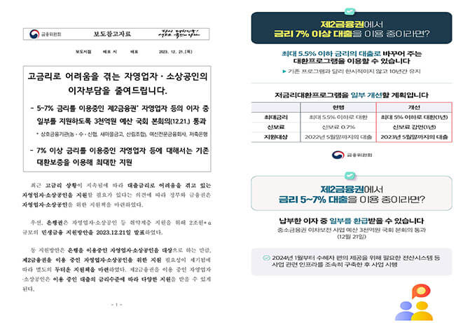 소상공인 자영업자 제2금융권 이자 환급 캐시백 지원 (+7% 이상 금리 저금리대환프로그램)