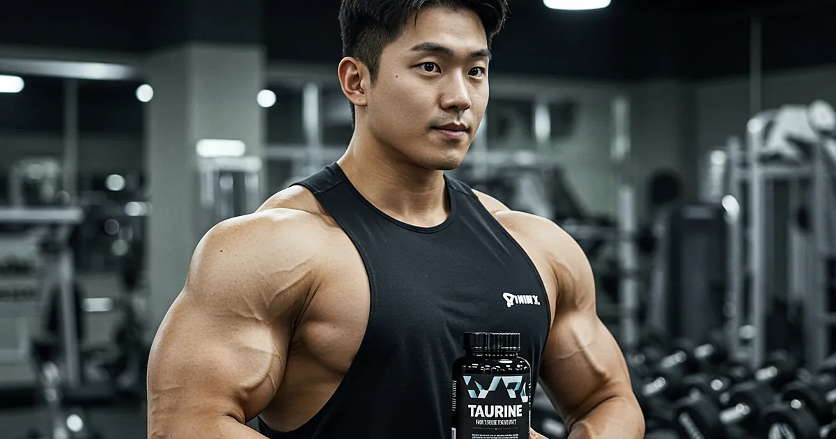 보디빌더가 헬스장에서 타우린 보충제를 들고 정면을 바라보는 사진