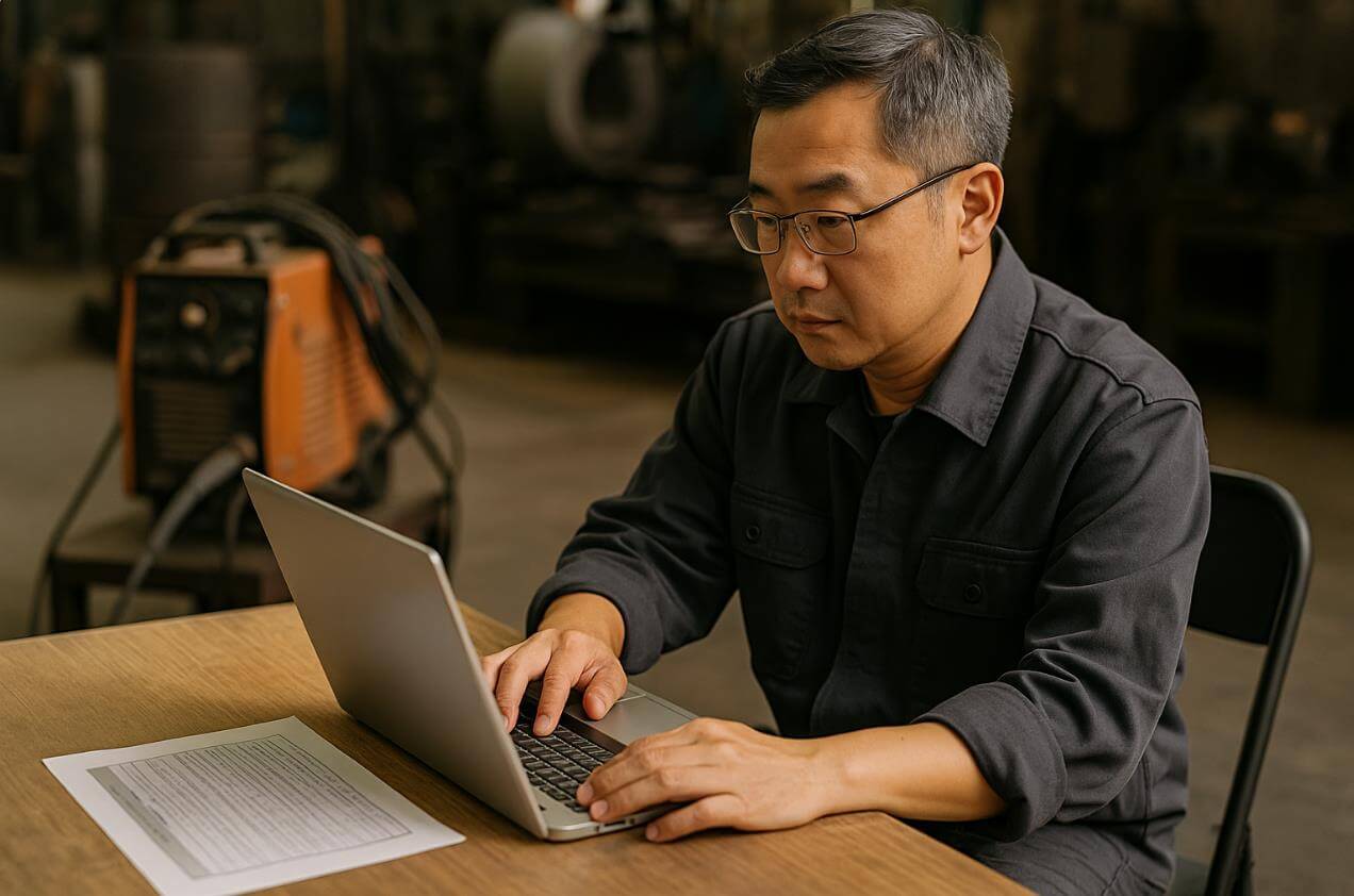 작업복을 입은 남성이 공장에서 노트북으로 서류 작업 중인 모습.