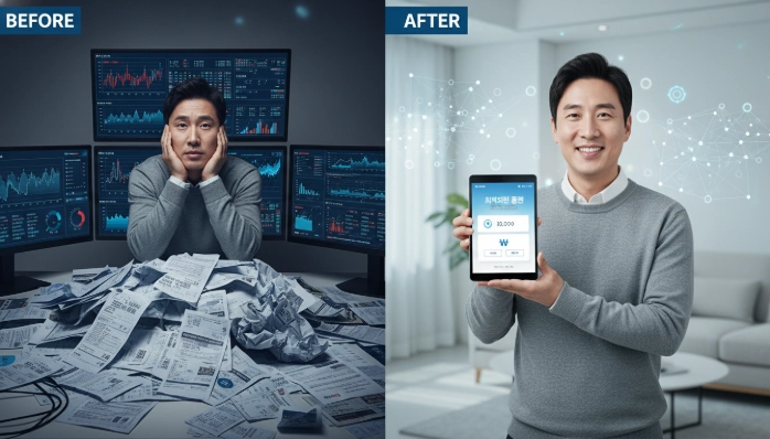 AI를 활용하여 복잡한 통신사 프로모션을 비교하기 전과 후를 나타내는 이미지. 혼란스러운 통신 요금 명세서 속 좌절하던 한국 남성이 AI 분석 후 최적화된 요금제를 확인하며 만족하는 모습.