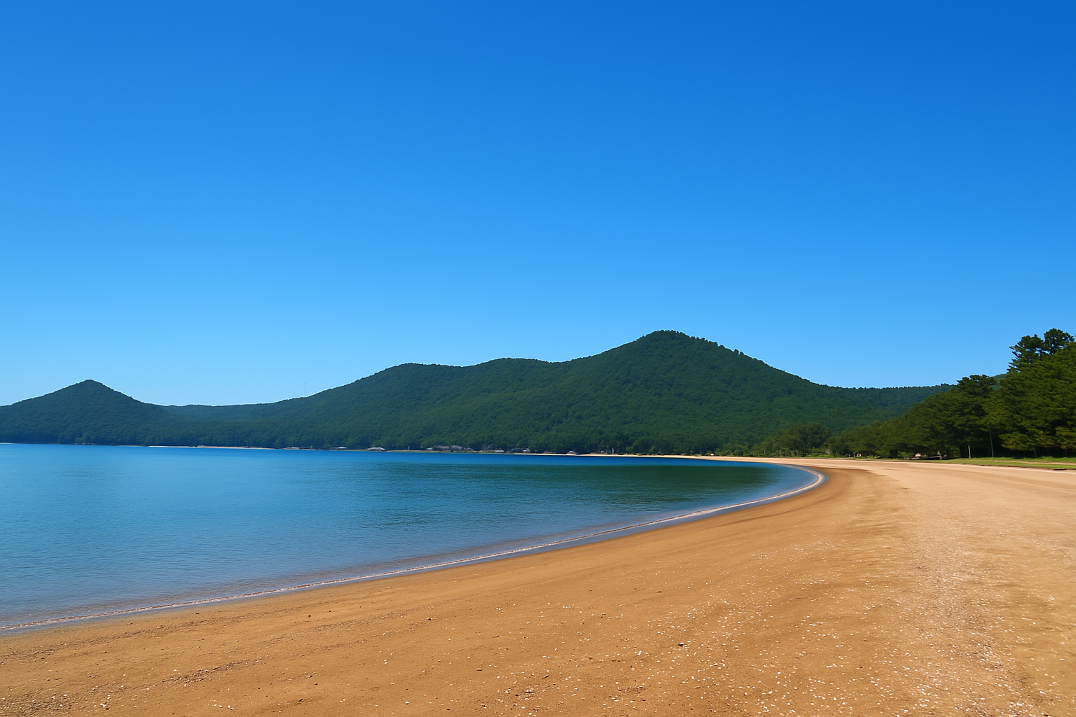 "맑은 하늘 아래 고흥 나로도의 한적한 해수욕장 풍경. 잔잔한 파도가 밀려오는 깨끗한 모래사장과 푸른 산맥이 어우러져 고요하고 평화로운 분위기를 자아낸다."