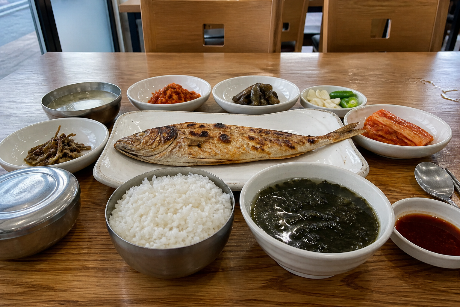 구운 생선과 밥, 국과 반찬이 놓인 부산의 소박한 백반