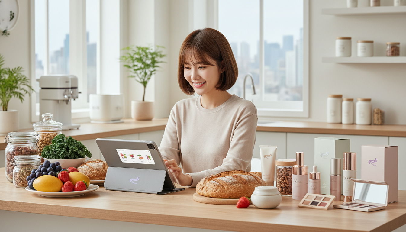 프리미엄 신선식품과 뷰티 제품으로 채워진 주방에서 태블릿으로 마켓컬리 앱을 쇼핑하는 한국 여성.