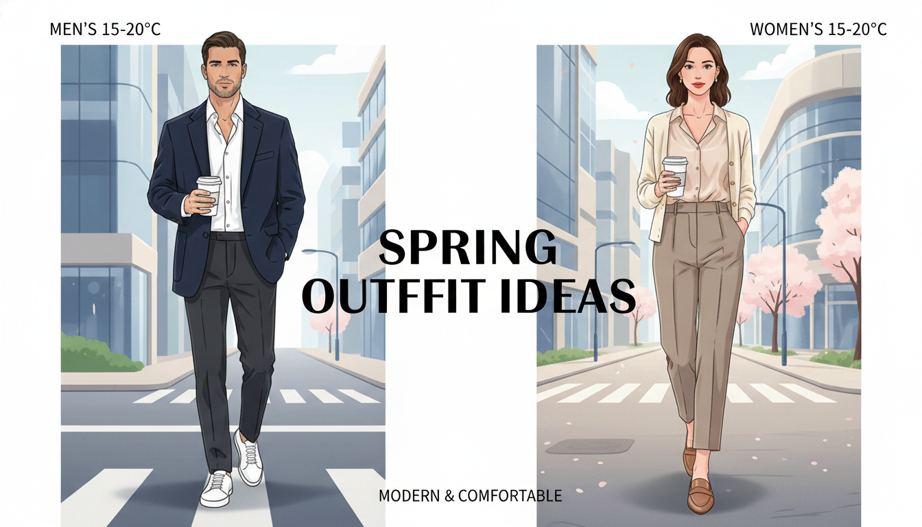 15도에서 20도 기온에 맞는 3040 직장인을 위한 세련된 비즈니스 캐주얼 코디 일러스트