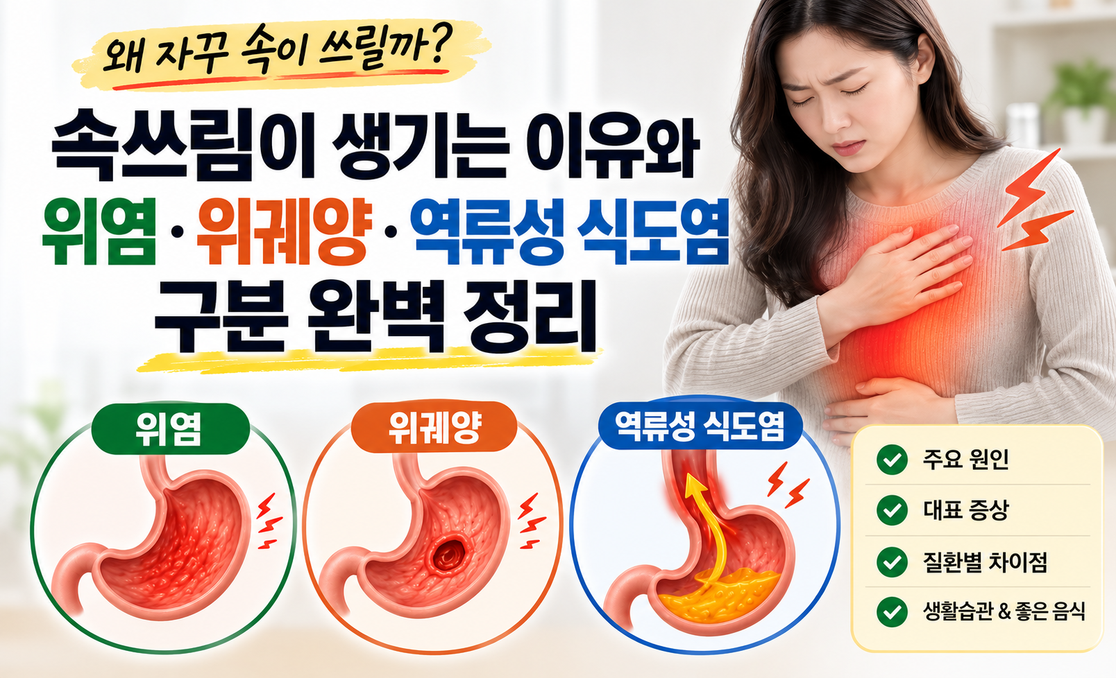 속쓰림이 생기는 주요 원인과 위염, 위궤양, 역류성 식도염의 차이 대표 이미지