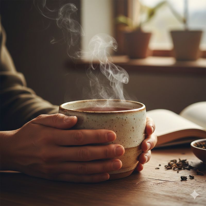 김이 모락모락 나는 두툼한 머그컵을 두 손으로 감싸 쥔 모습