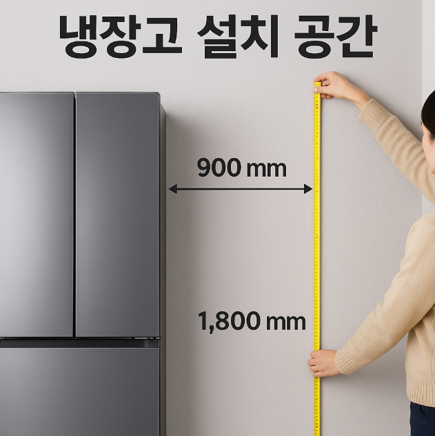 냉장고 설치 공간 치수 확인 장면
