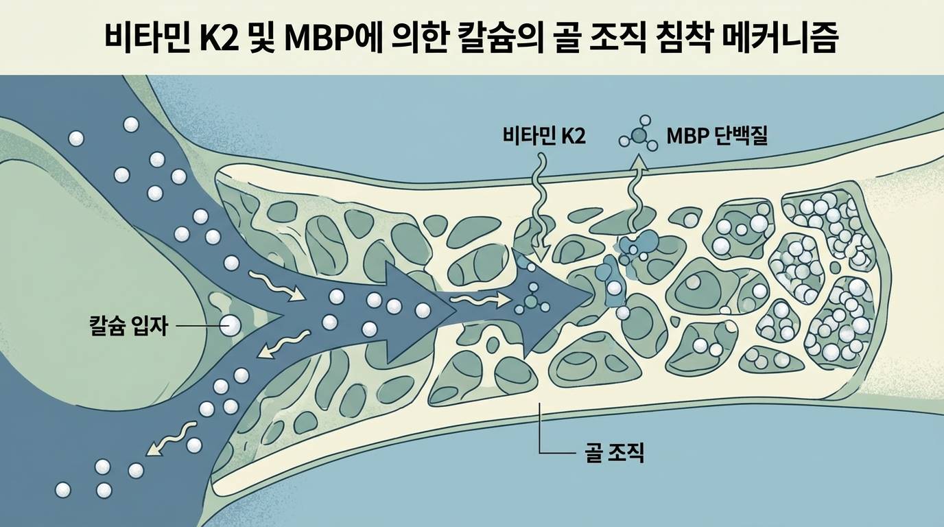 뼈 조직 안으로 칼슘 입자들이 비타민 K2와 MBP의 안내를 받아 촘촘하게 박히는 메커니즘을 표현한 일러스트
