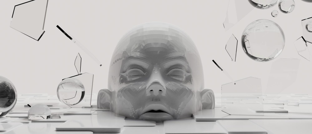 투명한 머리 조각상 주변에 깨진 유리 조각들이 흩어진 흑백 3D 렌더링 아트워크