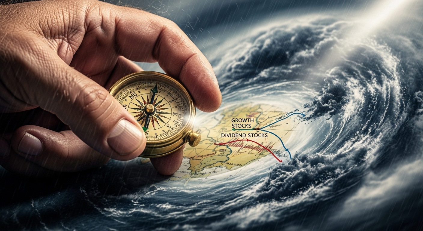Captain's hand holding a compass and finding a safe route (growth stocks, dividend stocks) amidst a rough storm.